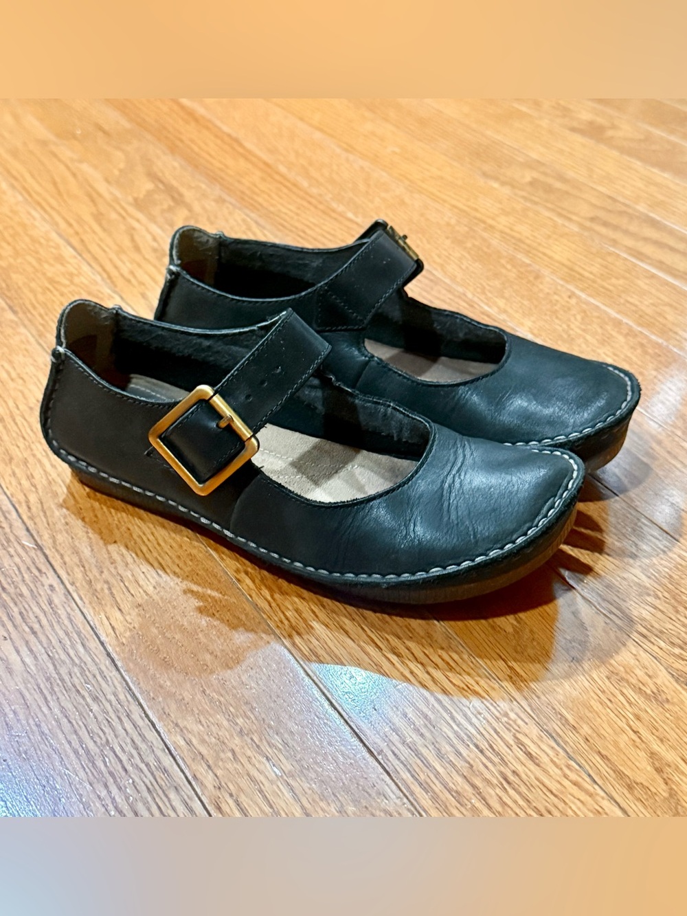 Clarks Women’s 6 Janey June Black Leather Mary Jane’s Flats Shoes Buckle Strap